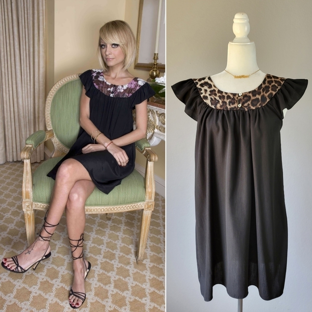 KAREN ZAMBOS // leopard print & black flutter cap sleeve mini baby doll dress